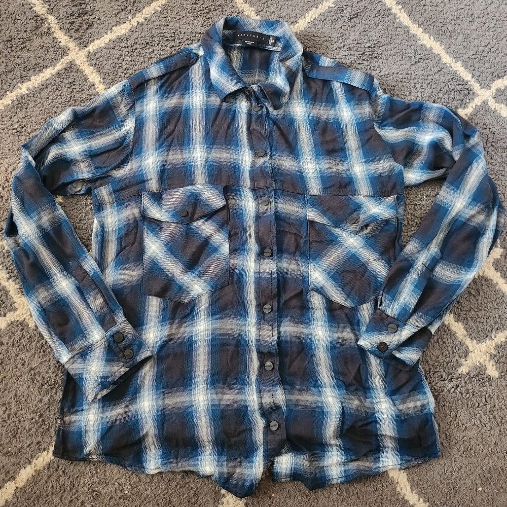 Sanctuary Blue Plaid Snap Up Shirt Size Medium